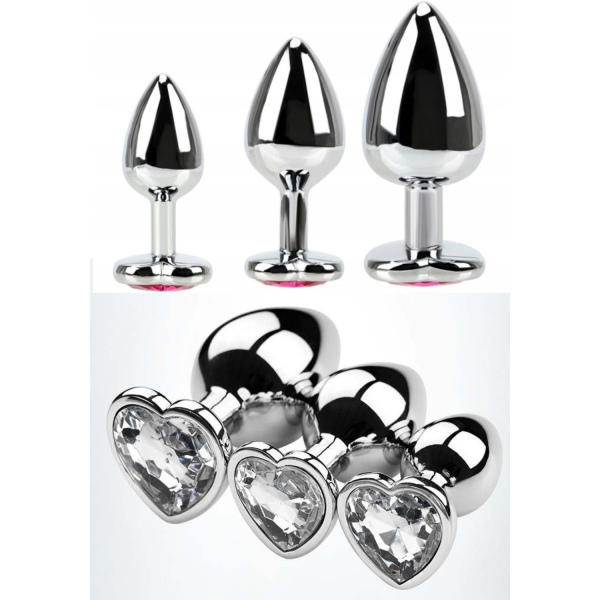 Zestaw Korki Analne z Serduszkiem Srebrne Stalowe 3 Rozmiary S M L Sex Gadżety Erotyczne