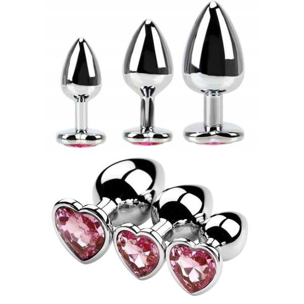Zestaw Korki Analne z Serduszkiem Różowe Stalowe 3 Rozmiary S M L Sex Gadżety Erotyczne