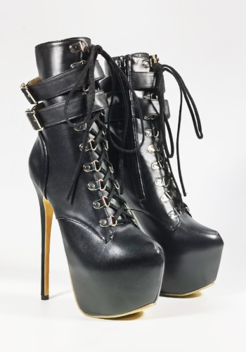 Czarne botki Divinia SexyHeels na platformie 16 cm, wysokie szpilki z paskami i wiązaniem, buty fetish dla kobiet