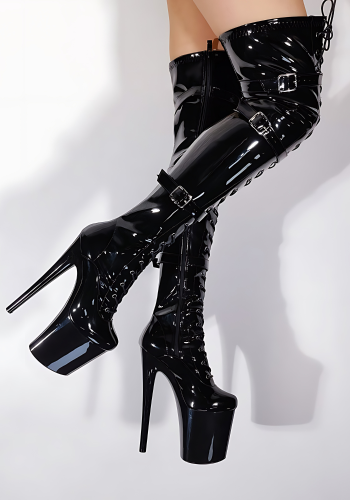 Kozaki SexyHeels PassionXtreme 1020 czarne lakierowane buty do pole dance na platformie 20 cm