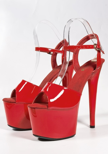 Czerwone lakierowane sandały na wysokiej platformie i szpilce, seksowne buty do pole dance i tańca w klubie