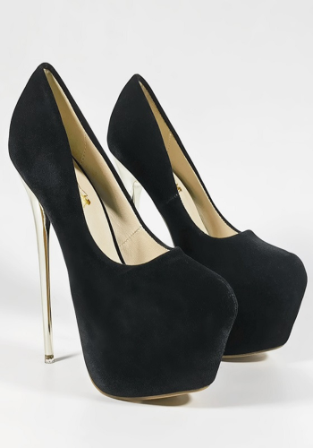 Czarne zamszowe szpilki na platformie z wysokim złotym obcasem, eleganckie buty damskie na imprezę