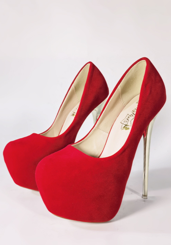 Seksowne czerwone zamszowe szpilki na złotym obcasie, erotyczne buty damskie na platformie